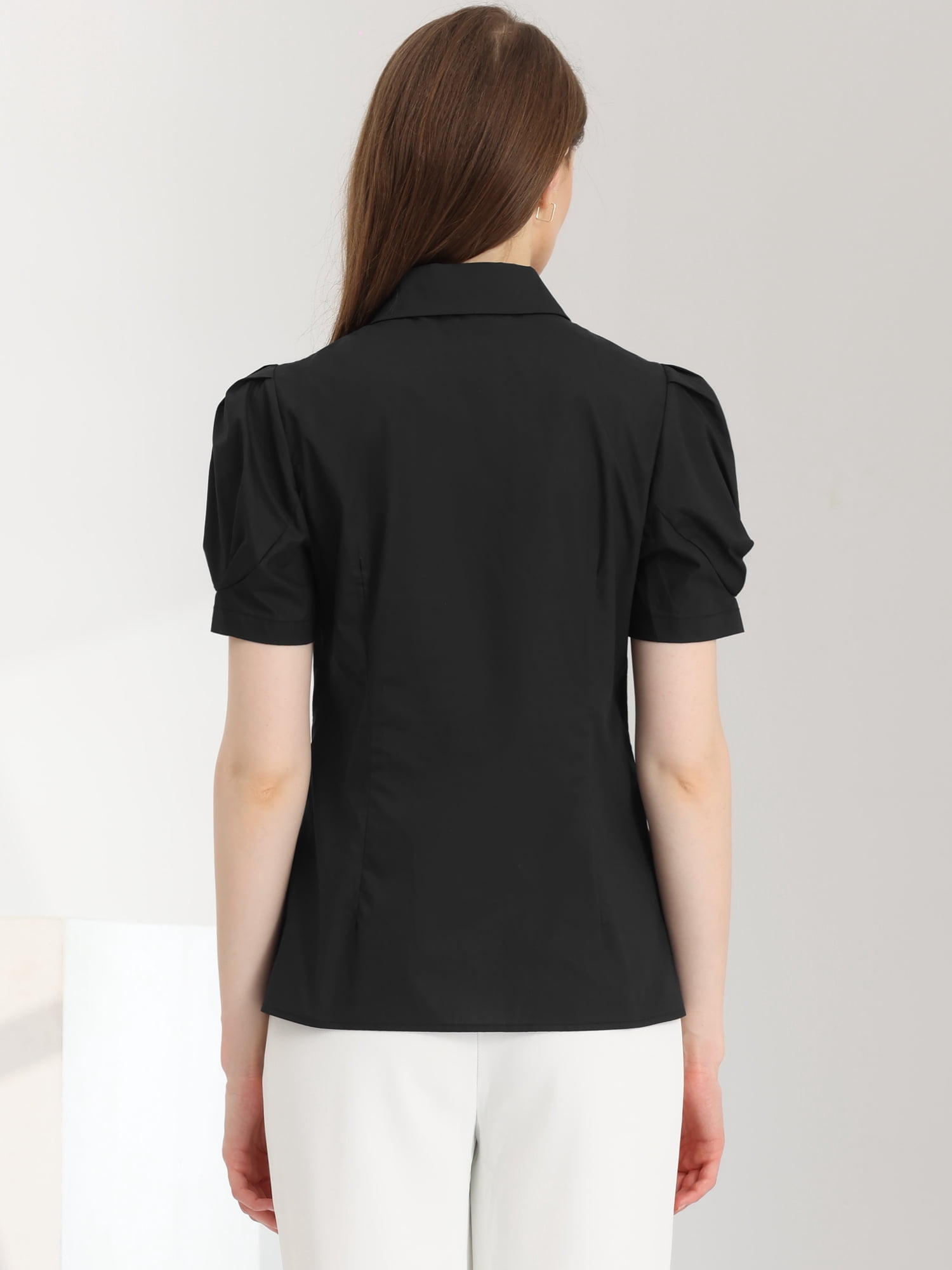 DARING DIVA Women's Puff Sleeve Turn Down Collared Work Office Button Down Shirt L Black