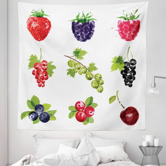 Fruit Tapestry, Group of Fresh Ripe Berries Summer Season Healthy Options Agricultural Pattern, Fabric Wall Hanging Decor for Bedroom Living Room Dorm, 5 Sizes, Multicolor, by Ambesonne