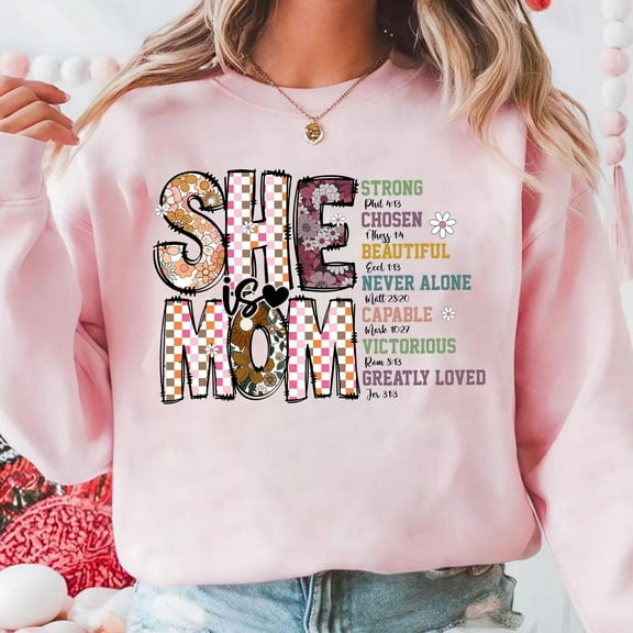 She Is Mom Sweatshirt, Mothers Day Sweatshirt, Pink Floral Mama Sweatshirt, Blessed Mom Sweatshirt, Christian Mama Sweatshirt, Bible Verse Sweatshirt, Christian Sweatshirt, She Is Strong Sweatshirt