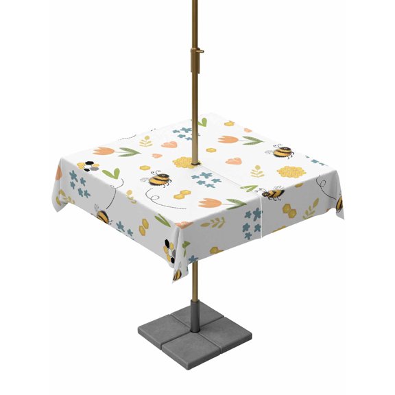 Outdoor Tablecloth with Umbrella Hole for Patio/Picnic/Party/Camping, Flowers Bees Waterproof Table Cloth Square Cover Washable, Spring Cartoon Botanical Tulip Flowers Leaves (54"x 54")