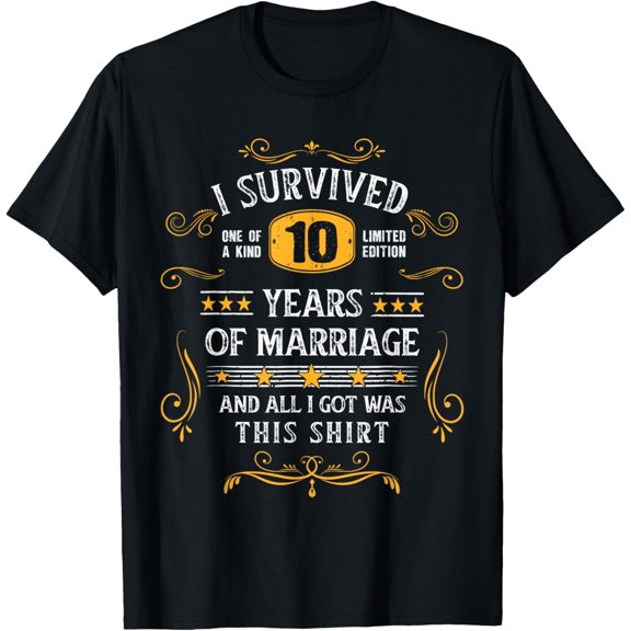Couple 10th Anniversary I Survived 10 Years of Marriage T-ShirtMen's and women's gift, black and white T-shirt, size: Extra large S-4XL