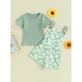 thumbnail image 3 of Musuos Kid Girl Summer Outfit 12 18 24M 3 4 5T Solid Color Ribbed Short Sleeve Crew Neck T-Shirt with Daisy Print Overall Shorts Set, 3 of 10