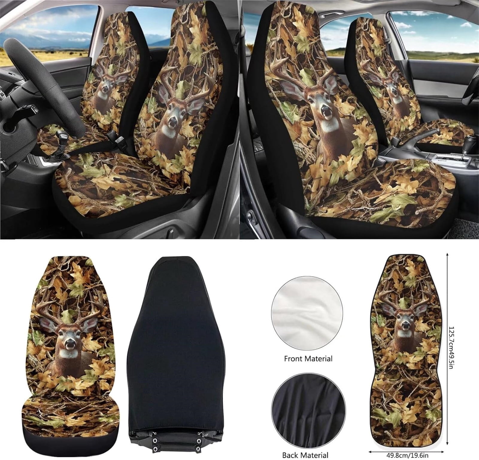 Yuyamidu Deer Car Front Seat Covers Full Set Camo Hunting Steering Wheel Cover Seat Belt Pads Armrest Cover Coasters Trash Bag Air Vent Bag Rearview Mirror Cover Keychain 12 PCS Auto Accessories