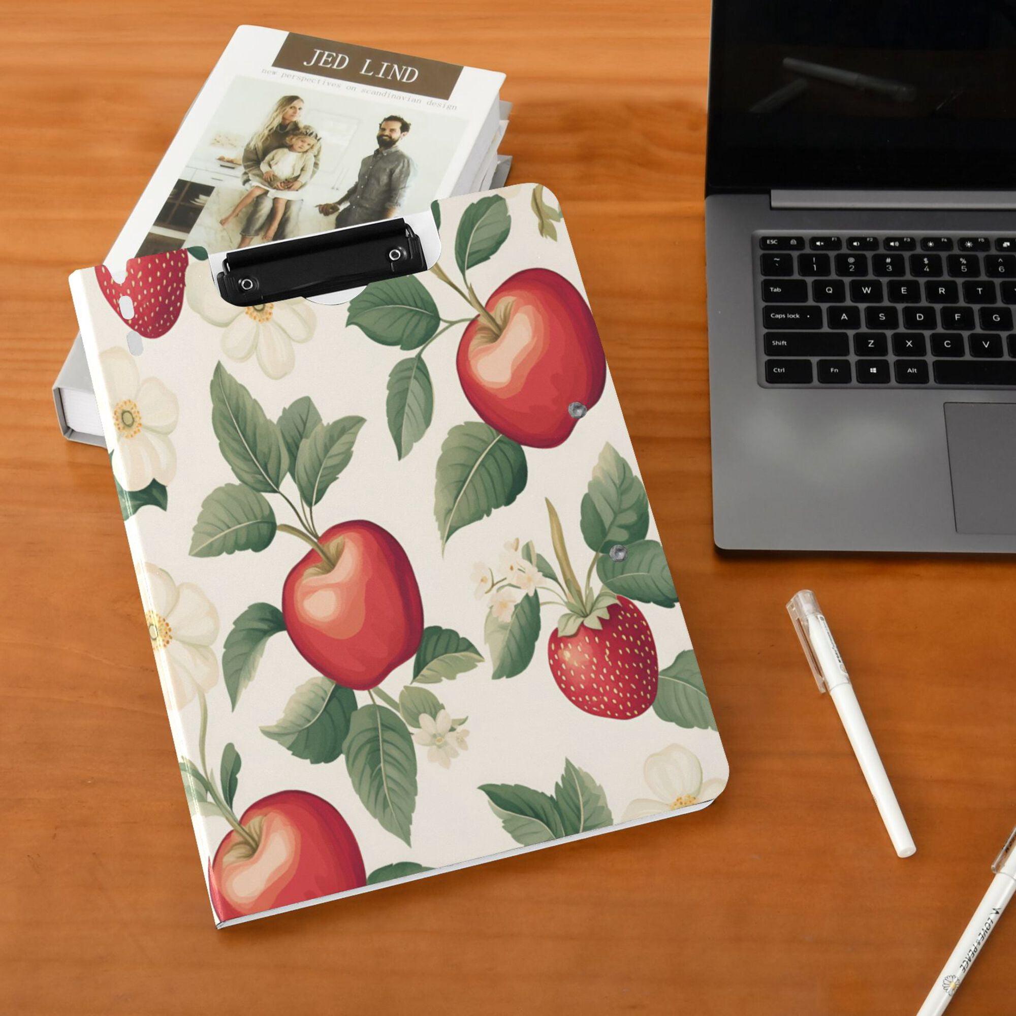 FORMRS A4 Clipboard Folder with Pen Holder Horizontal Foldable School Office Binder, Apples Flower Pattern