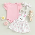 thumbnail image 5 of Okbabeha Newborn Baby Girl Pink Bunny Outfit Long Sleeve Romper Rabbit Suspender Skirt Overall Dress Headband My 1st Easter Outfit, 5 of 5