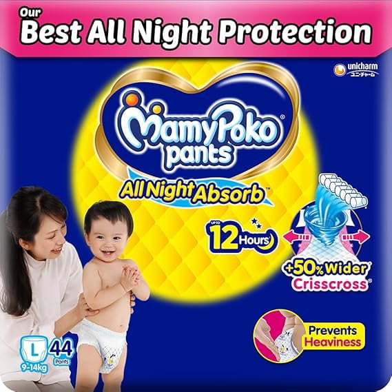 Mamypoko pants All Night Absorb| Pant Style Baby Diapers Large Size(L), 44 Count