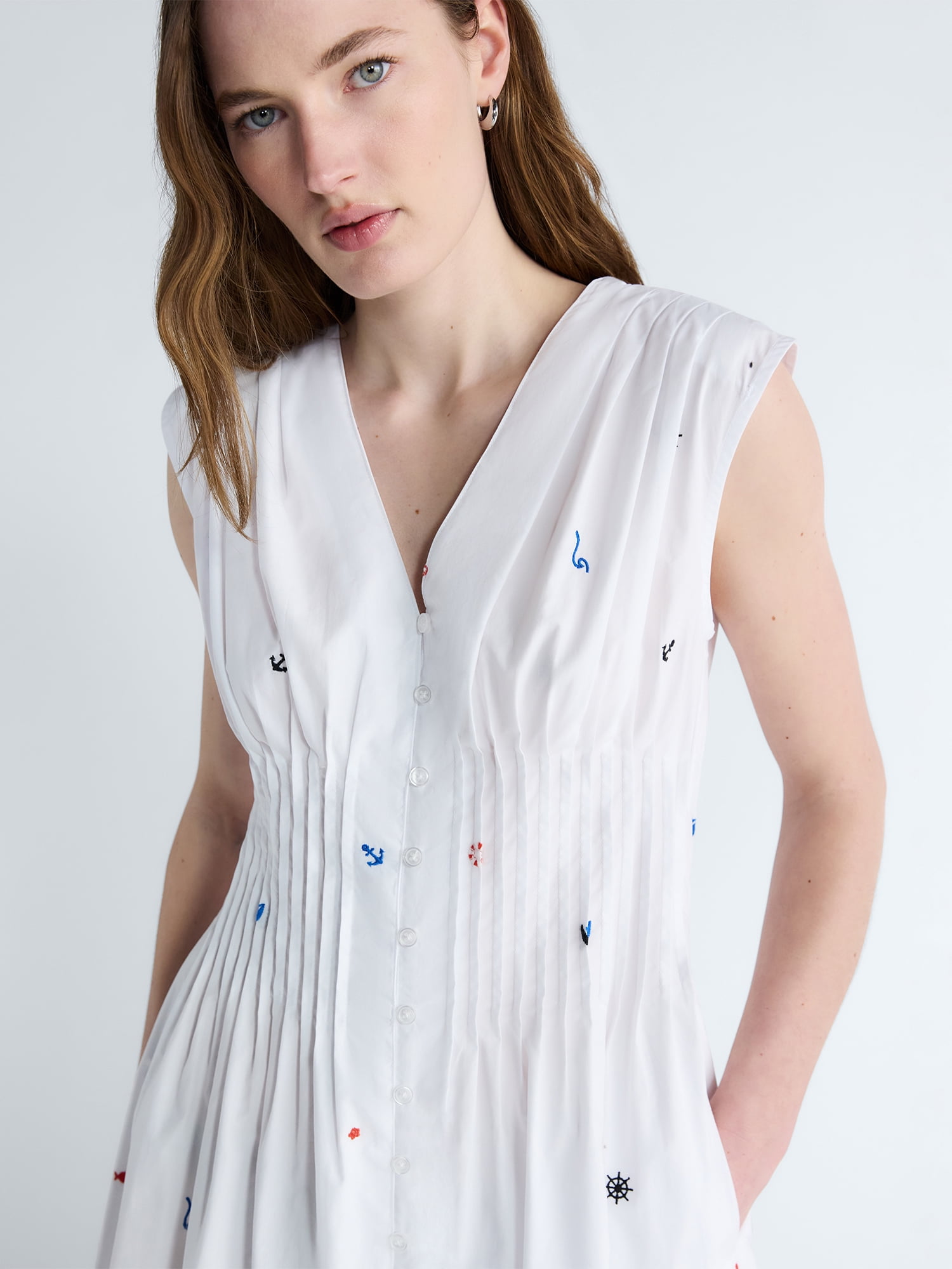 Free Assembly Women's Sleeveless Embroidered Cotton V-Neck Midi Dress, Sizes XS-XXL