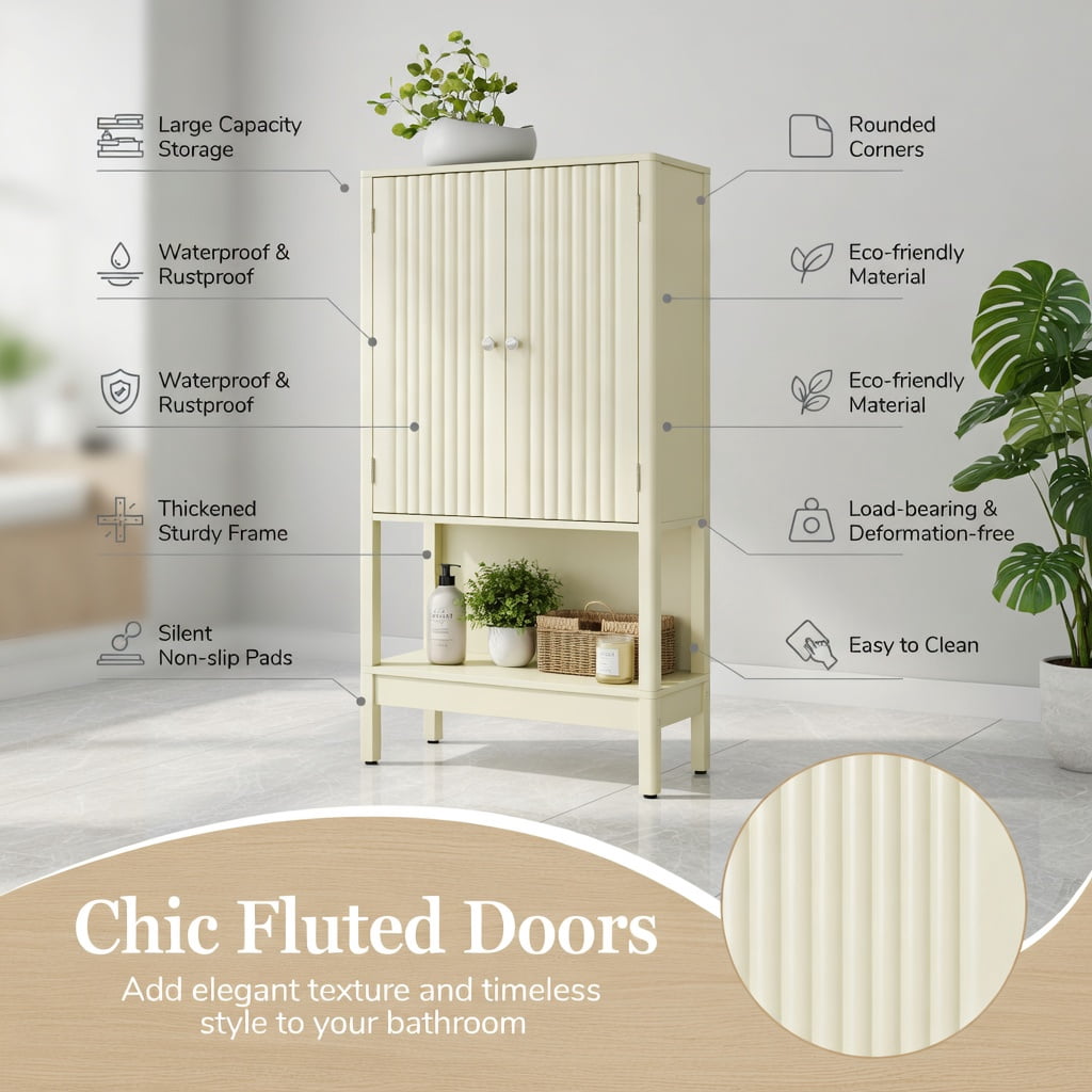 Hommoo Over-the-Toilet Storage Cabinet with Fluted Beige Doors, Adjustable Shelves & Bottom Bar, MDF Bathroom Organizer for Small Spaces, Beige