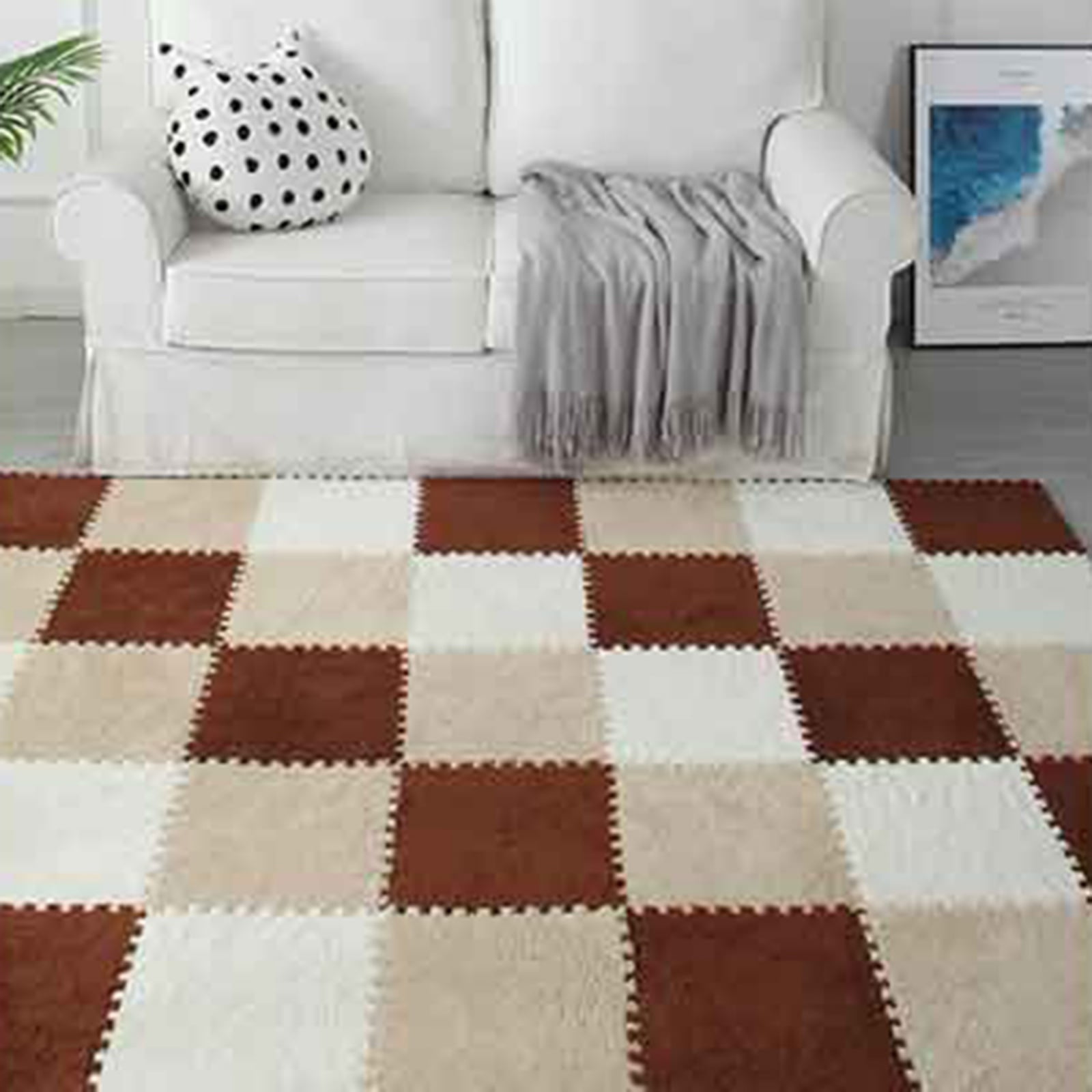 10PCS Plush Puzzle Foam Floor Mat for Kids- Thick Interlocking Fluffy Tiles with Border,Square Rug Split Joint Soft Climbing Carpet Mats Shaggy Area Rug for Room Floor-11.8 Inch
