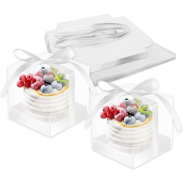 SINGOMON 24PCS Clear PVC Boxes 3.5 Inch Cupcake Boxes with White Ribbon and Insert Transparent Cup Cake Boxes Square Cupcake Holders Cupcake Carrier Plastic Gift Boxes Macaron Boxes Bakery Boxes