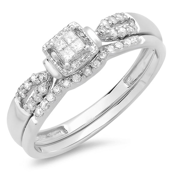 0.27 Carat (ctw) 10K White Gold Princess & Round Diamond Engagement Ring With Matching Band Set 1/4 CT