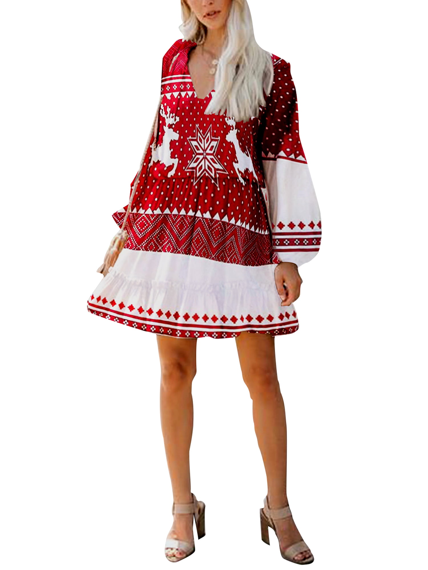 OCEAN-STORE Womens Christmas Dress Santa Claus Print Long Sleeve O Neck A Line Mini Dress Xmas Gifts