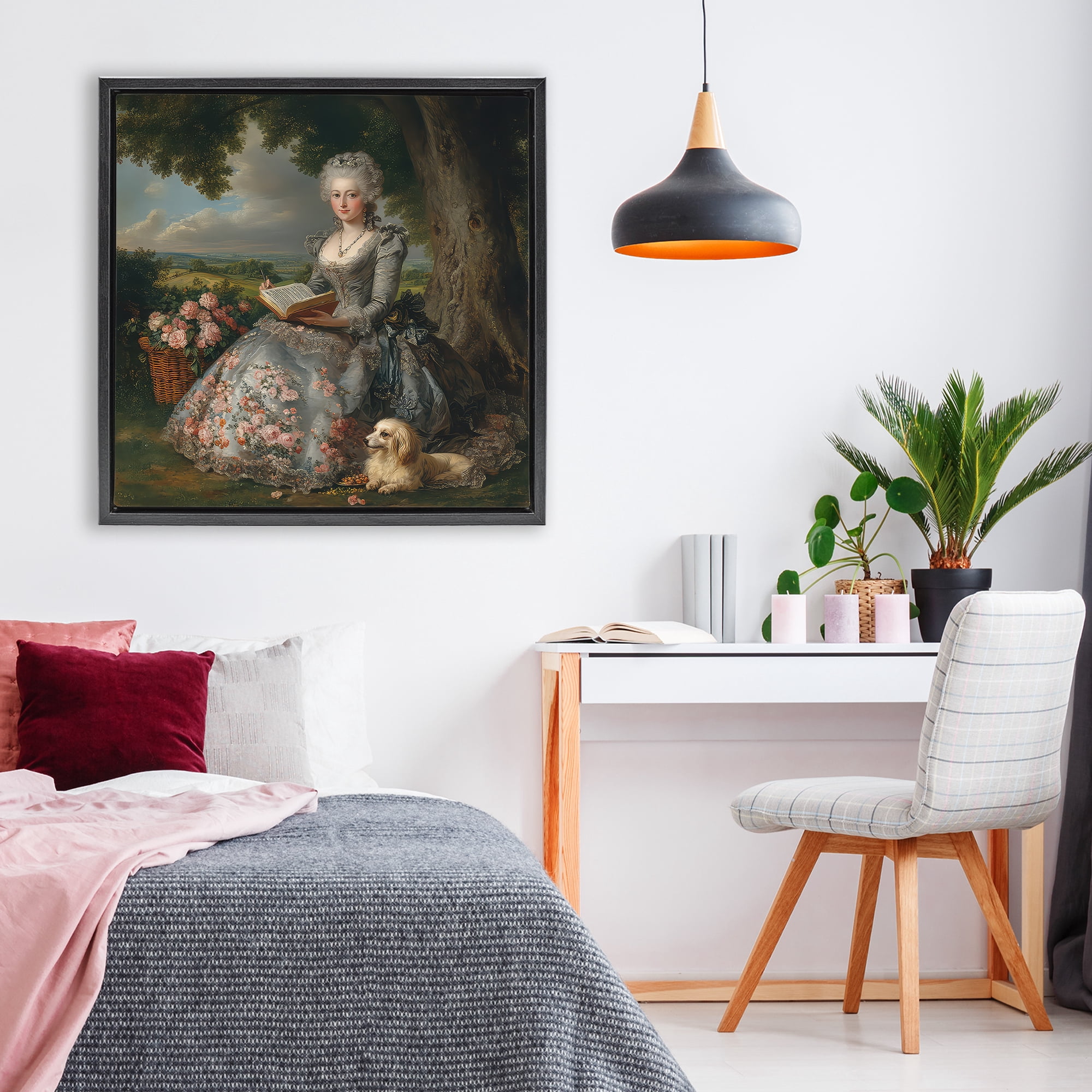 Stupell Industries Reading Rococo Lady with Dog Black Framed Floater Canvas Wall Art, design by The Wands Want