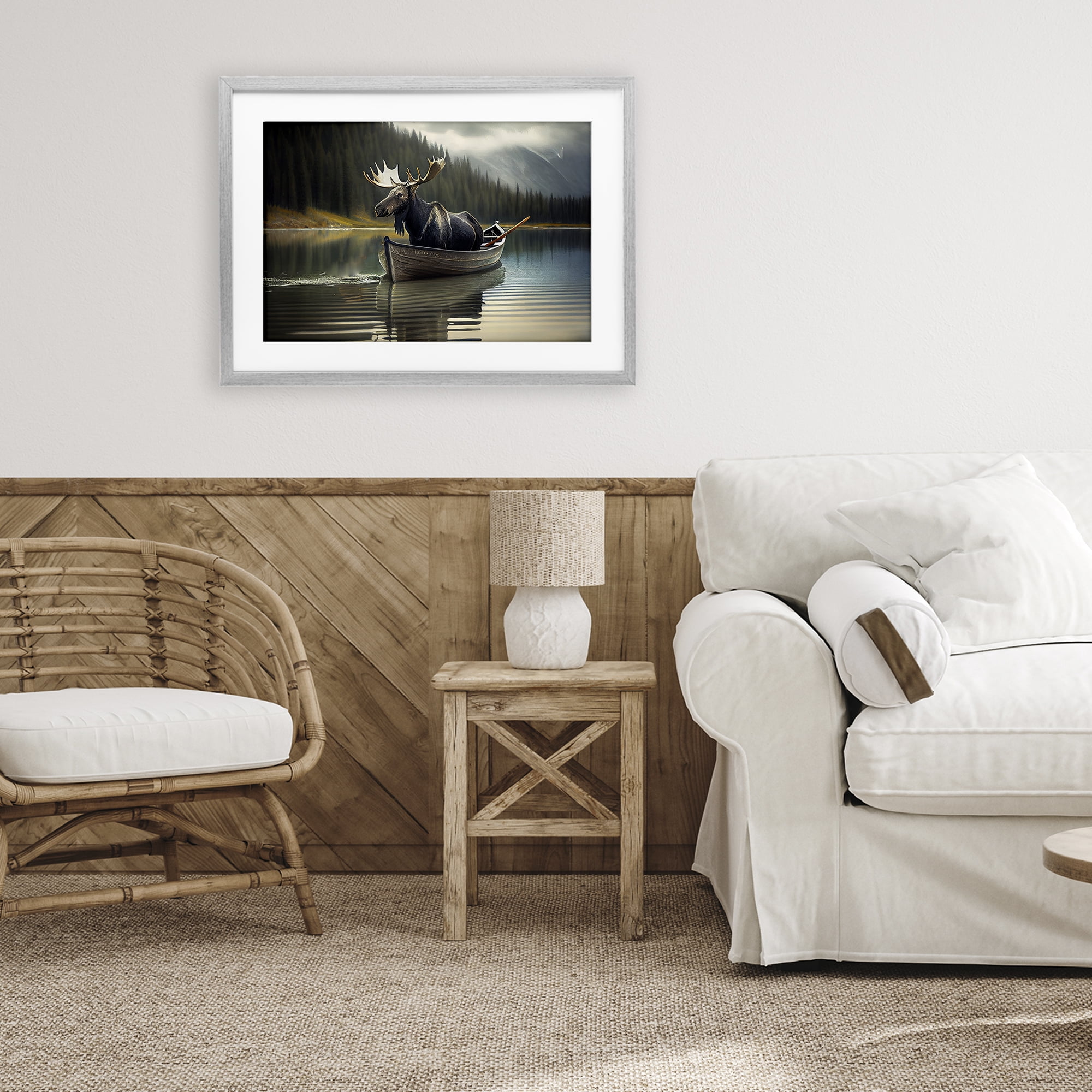 Moose in Canoe Tranquility Gray Framed Print Under Glass, design by Sasha