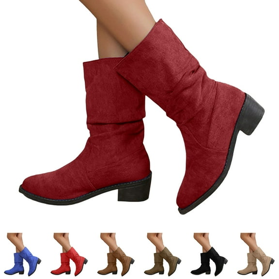 Dakaela Womens Western Slouch Boots Suede Cowboy Wide Mid Calf Booties Round Toe Slip on Walking Shoes
