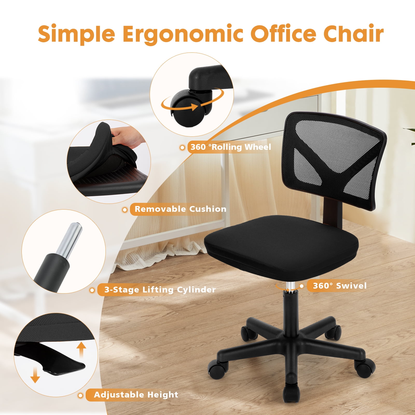 edx Computer Desk and Home Office Chair Set, 47 Inch Writing Table with Storage Bag & Armless Mesh Desk Chair For Home, Rustic Brown