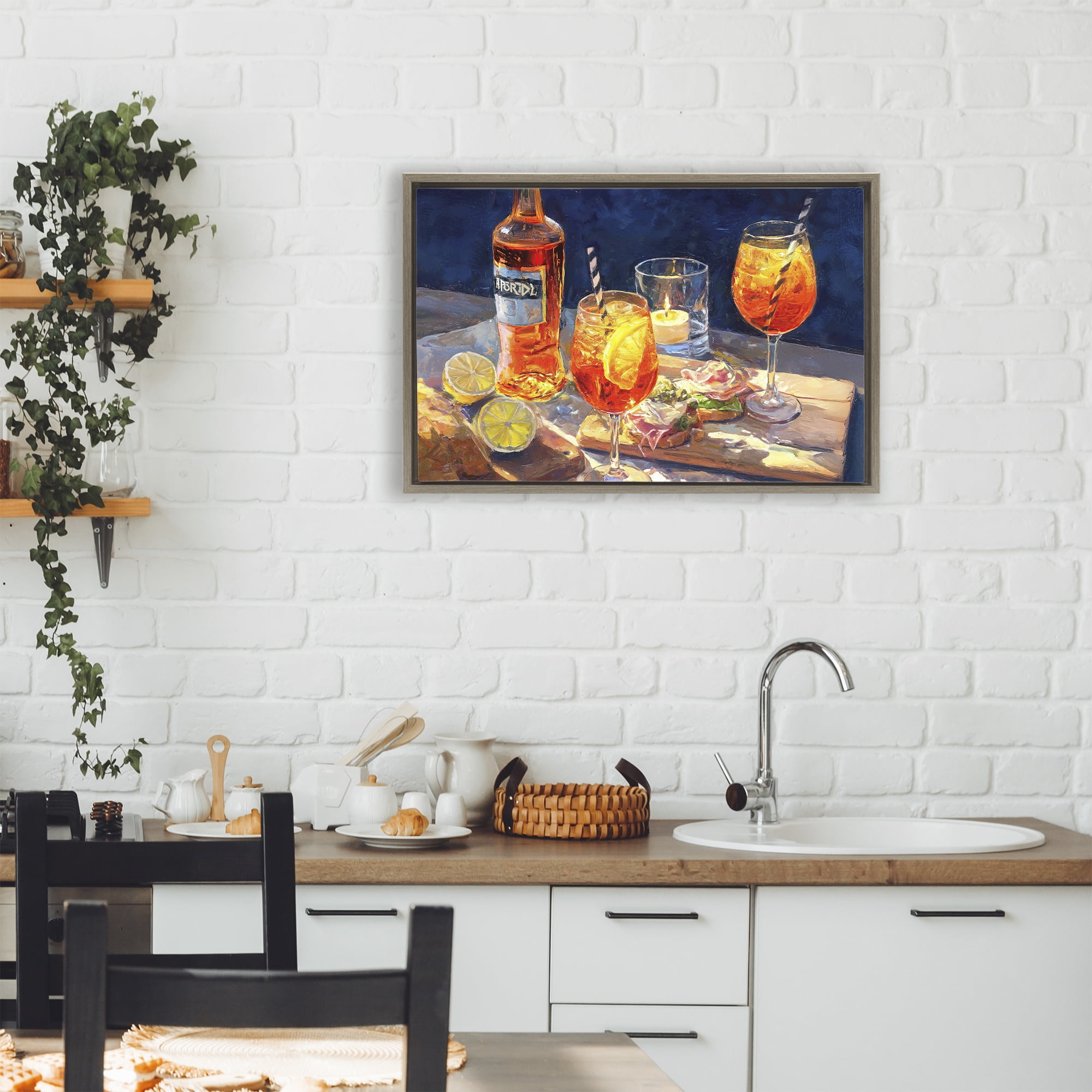 Sprits Table Still Life Brown Framed Floater Canvas Wall Art, design by Ziwei Li