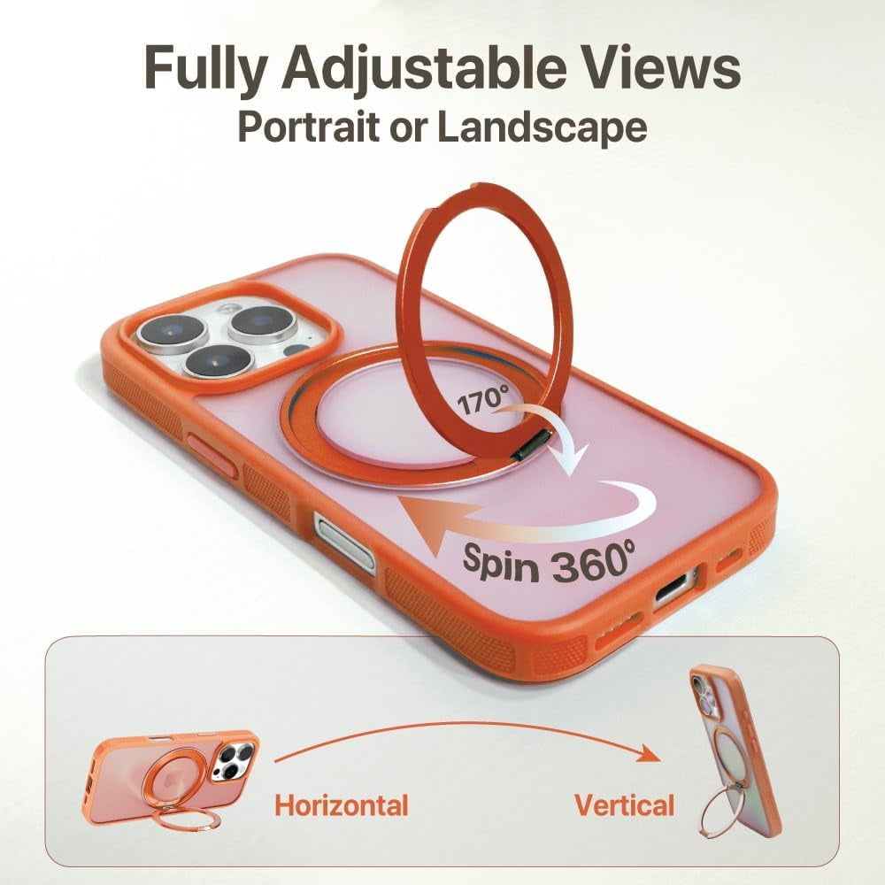 BLACK+DECKER 360°Spin Magnetic Stand for iPhone 16 Pro Case, Compatible with MagSafe Protective Stylish for iPhone 16 Pro Case for Women, Ostand Kickstand Rotatable, Lanyard, Extra Buttons, Coral