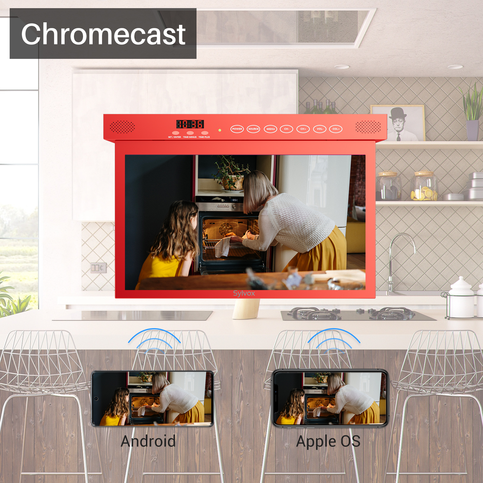 Sylvox 15.6” Under Cabinet Smart TV ,Rotated Folded,1080P 12V Google Television for Kitchen,Google Assistant,Chromecast,Wireless Connectivity,Red