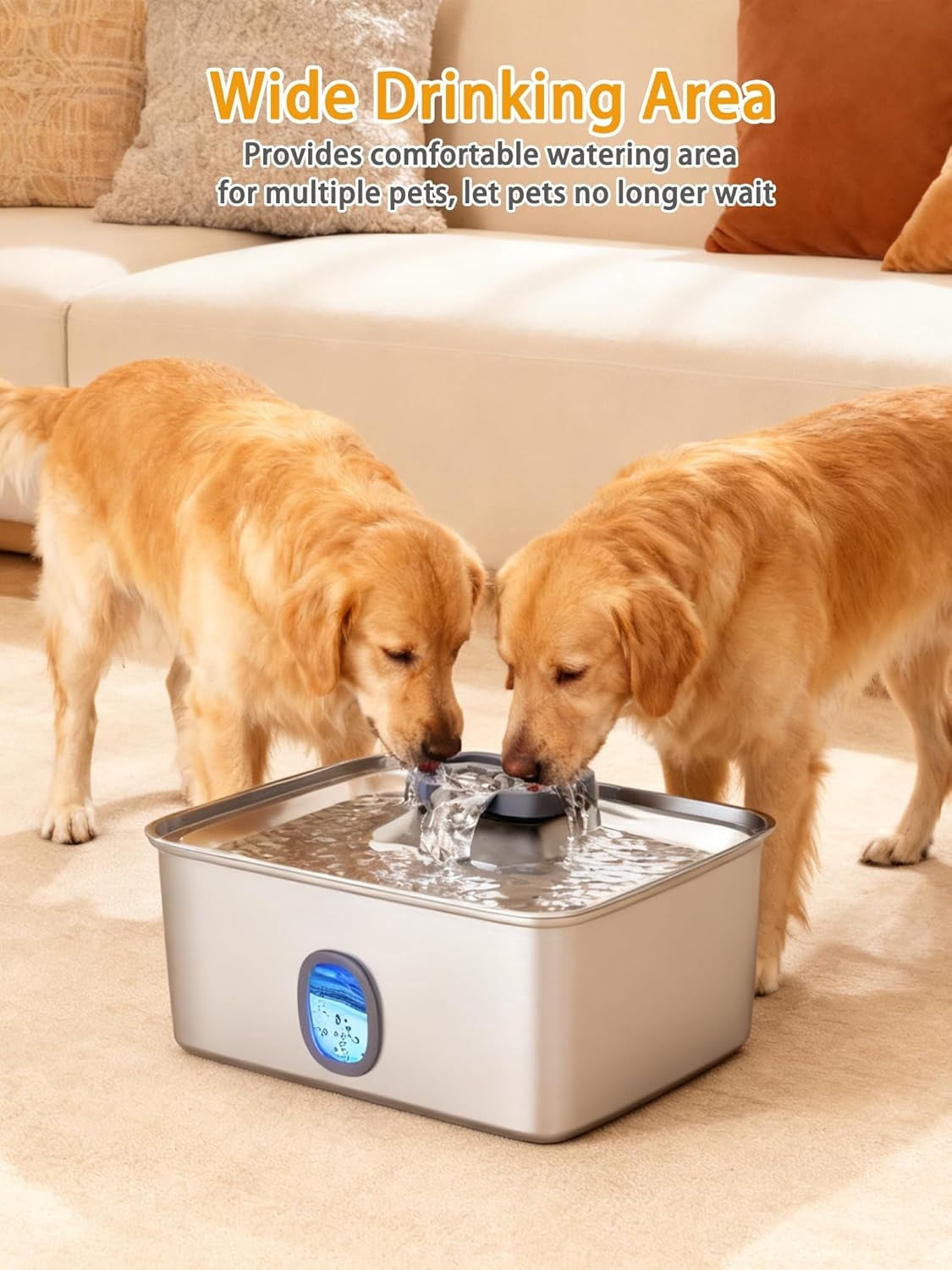4Gal/15L Large Dog Water Fountain, Stainless Steel Pet Fountain with Water Window & LED Light, Ultra Quiet Automatic Dog Water Bowl Dispenser for Large Dogs & Multi-pet, Easy to Clean FS76