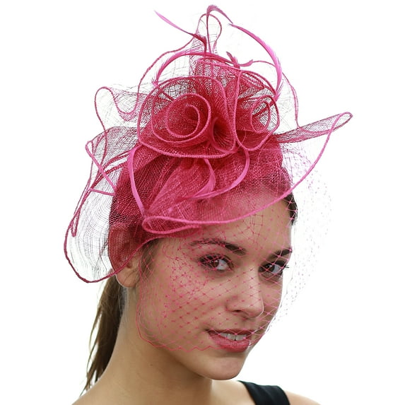 C.C Women's Elegant Cocktail Fashion Mesh Sinamay Fascinator Headband, Veil Floral Hot Pink