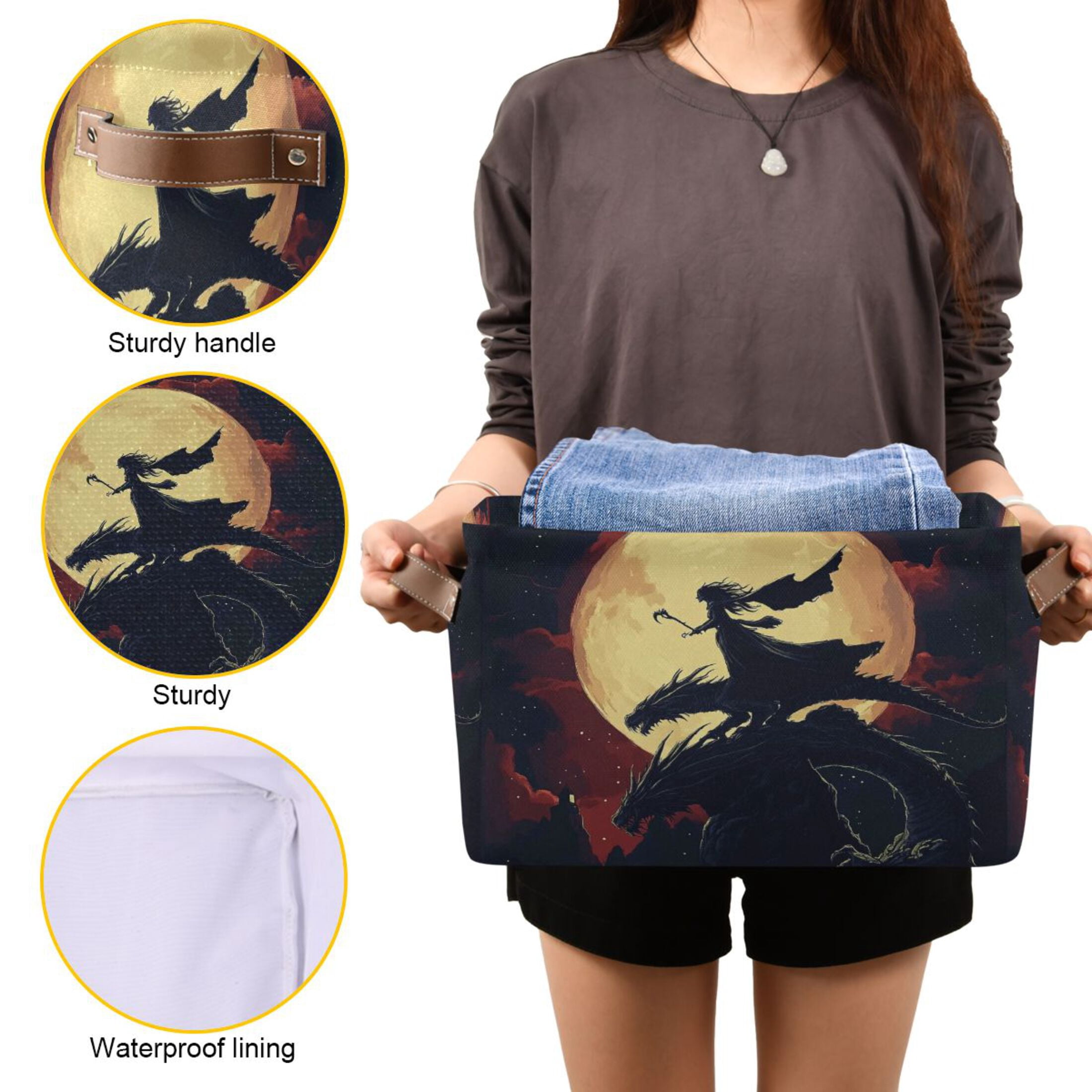 WOBOGO Witch and Black Dragons Square Storage Basket with Waterproof Canvas and PE Lining Durable PU Leather Handles 14.2×10.2×8.3in