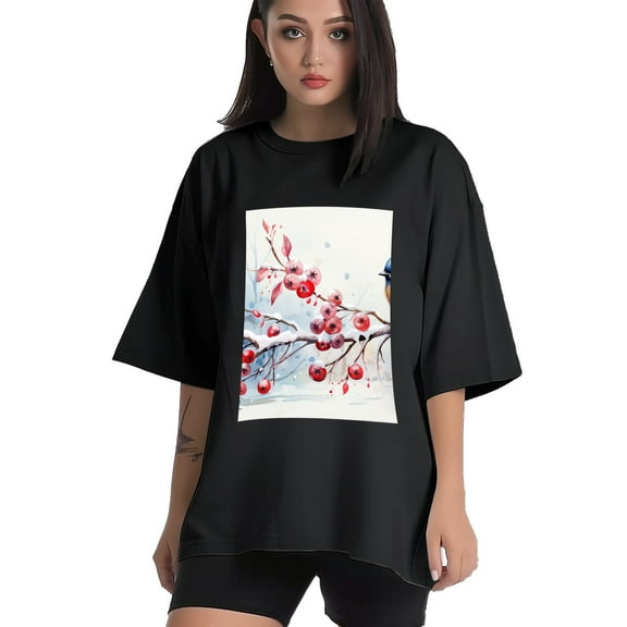 Plus Size Shirt for Women Black Tops for Women Short Sleeves Shirt for Women Red-Browed Bird And Flower 4 T Shirt Crewneck Shirt for Women XS