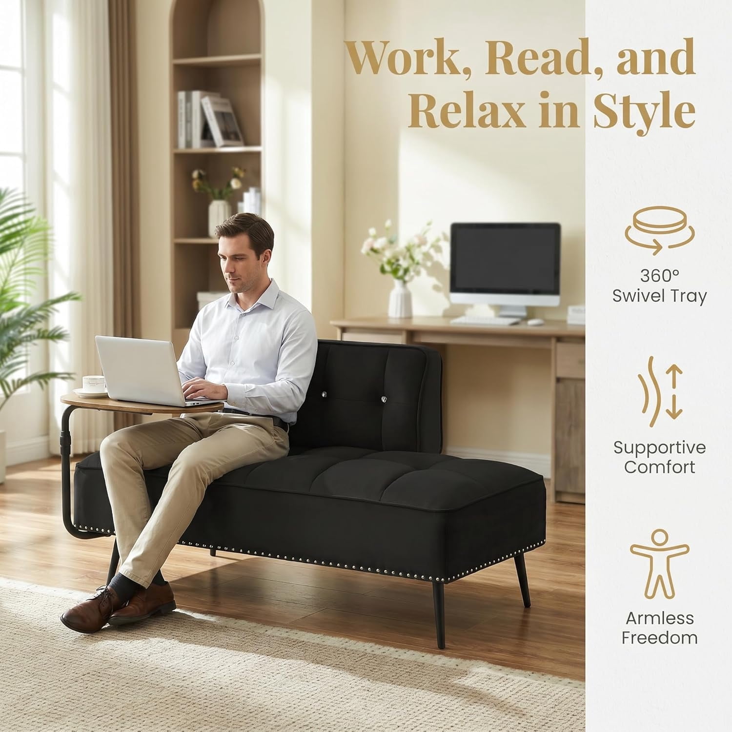 MOONMISS 54 inch 2-Seater Velvet Sofa with 360 Rotating Side Table Space Saving Multi Use Bench Office Living Room Apartment,Black