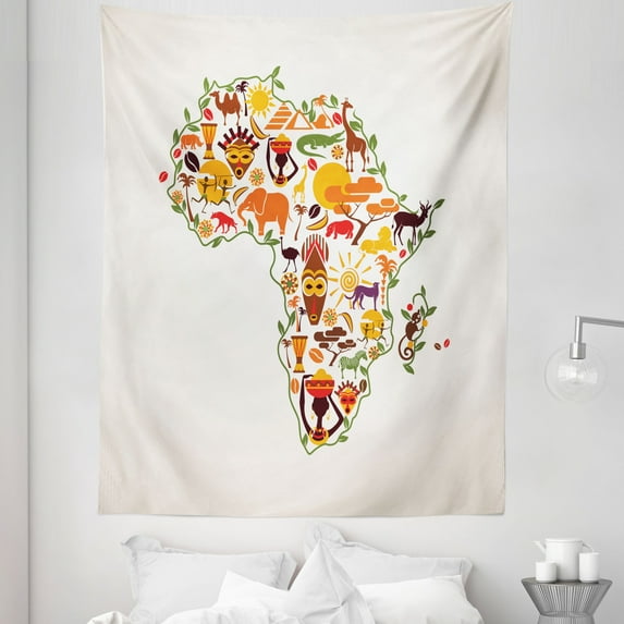African Tapestry, Travel Map Plan Traditional Objects Continental Culture Arts Craft, Fabric Wall Hanging Decor for Bedroom Living Room Dorm, 5 Sizes, Multicolor, by Ambesonne