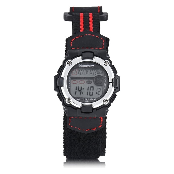 Discovery Youth Digital Watch in Nylon Velcro Black Strap with Red Contrast Stitching and 30M Water Resistance (DSC522C)