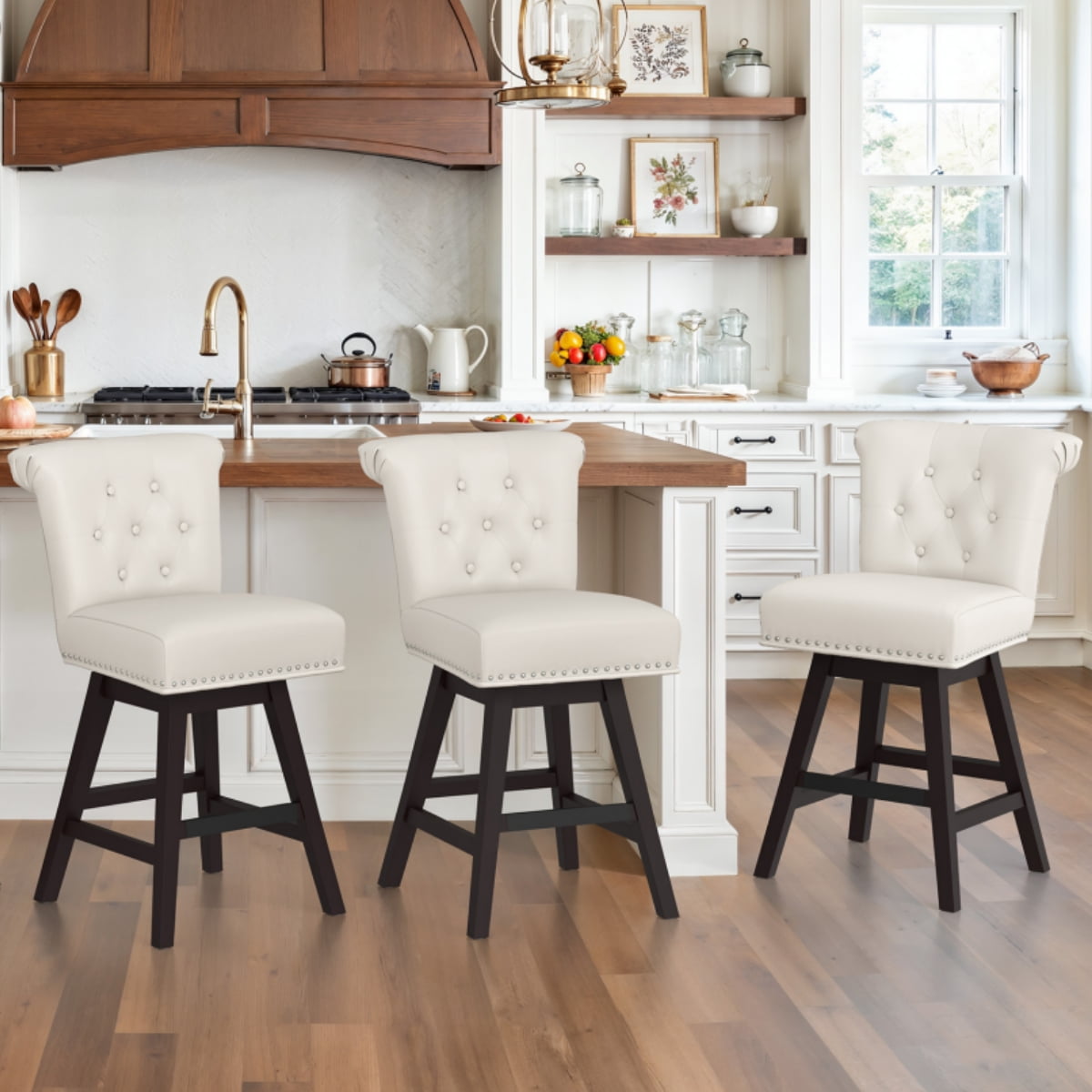 Carolayne 26" Swivel Bar Stools Set of 3, Tufted Upholstered Barstool with Footrest for Kitchen Island, Faux Leather, Antique White