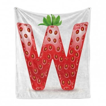 Letter W Soft Flannel Fleece Blanket, Capital W with Strawberry Green Leaves Harvest Yield Pattern Alphabet, Cozy Plush for Indoor and Outdoor Use, 50" x 60", Vermilion Green Orange, by Ambesonne