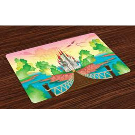 Wooden Fairy Castle - Children Placemats Set of 4 Princess Castle above Wooden Bridge and Phoenix Bird Fairy Dream World Girls Image, Washable Fabric Place Mats for Dining Room Kitchen Table Decor,Multicolor, by Ambesonne