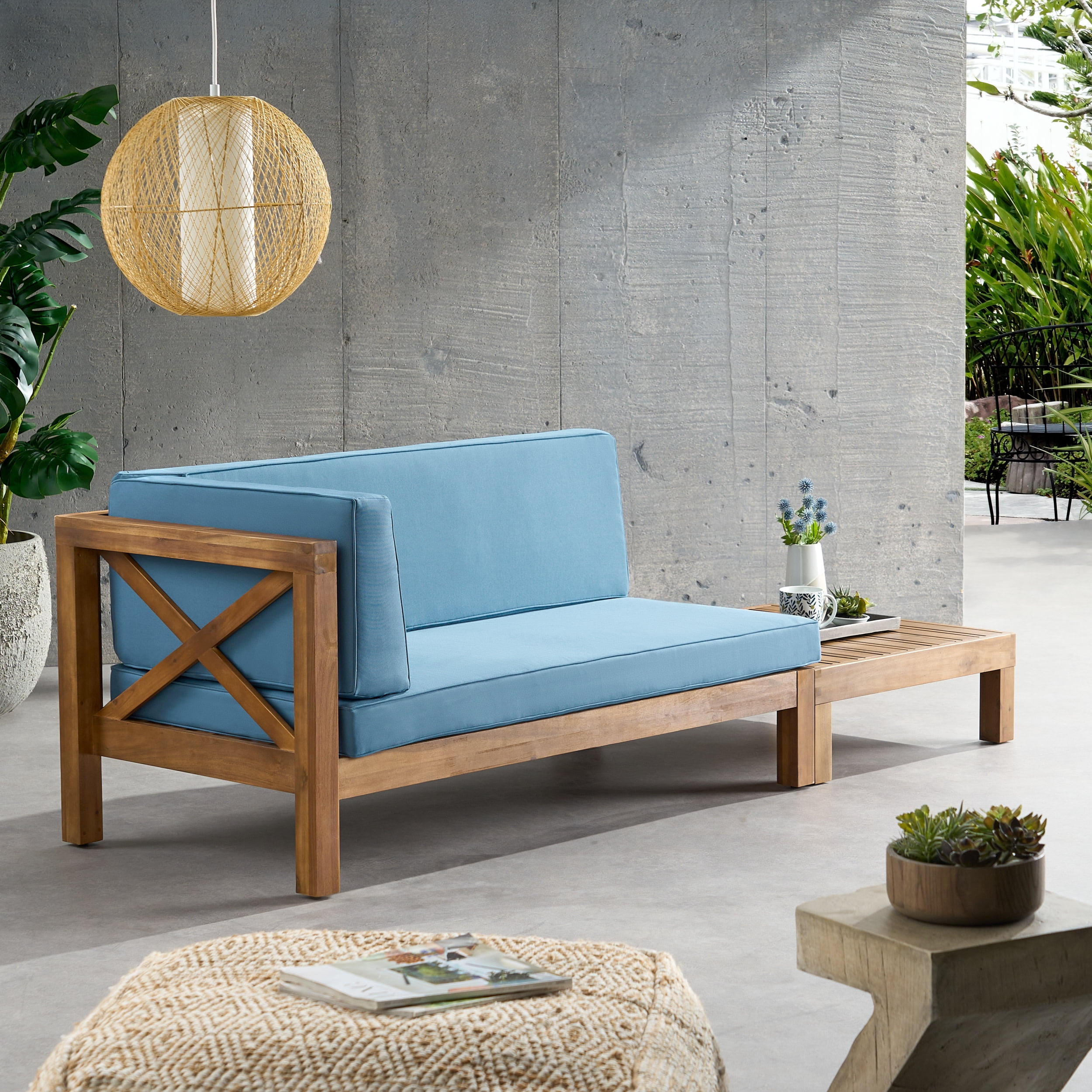 Elisha Acacia Wood Outdoor Left Arm Loveseat and Coffee Table Set with Cushion, Teak and Blue