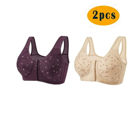 GERsome Women s PACK of 2 Front-Close Bra Underwire Underwear Comfort T-shirt Bra Convenient Snap Sleep Bra for Women Plus Size Full Coverage Bra 2pcs#Dark Purple/Beige XXXL