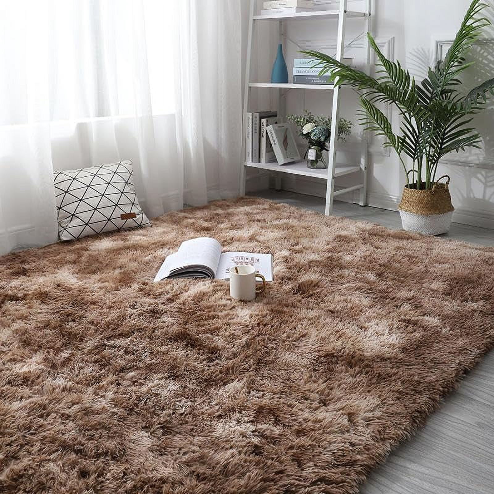 Junovo Luxury Velvet Shag Area Rug Modern Indoor Fluffy Rugs, Extra Comfy and Soft Carpet For Bedroom Living Room Kids Room,6'x9',Coffee