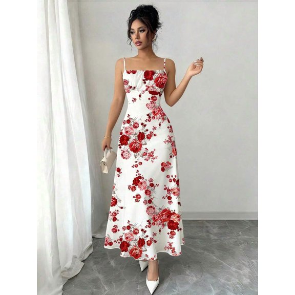 Red Floral Print Spaghetti Strap Maxi Dress For Women Elegant Vacation Formal Dress