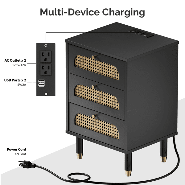 Alvantor 3-Drawer Nightstand with Built-in Charging Station, Black Rattan Accent Fronts, USB Ports and Power Outlet
