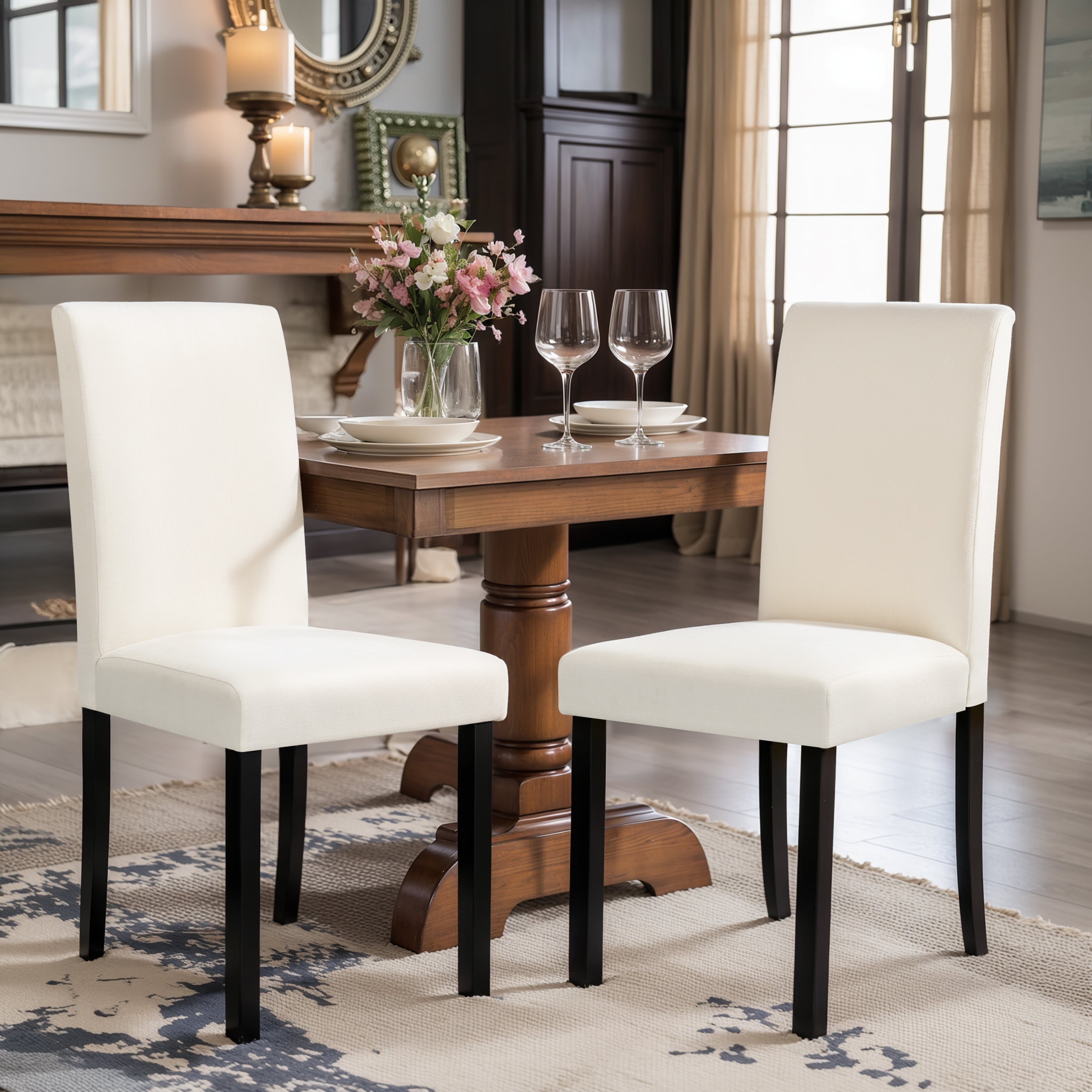 DyFun Linen Upholstered Dining Chairs Set of 2, Solid Wood Kitchen & Dining Room Chairs for Breakfast Nook or Apartment Living, Ivory
