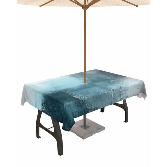 Hokiten Outdoor Tablecloths with Umbrella Hole & Zipper, Blue Gray 54x80 Inch Tablecloth Rectangle, Retro Abstract Gradient Plaid Geometric Art Waterproof Table Cloth, Patio/Pool/Picnic Table Covers