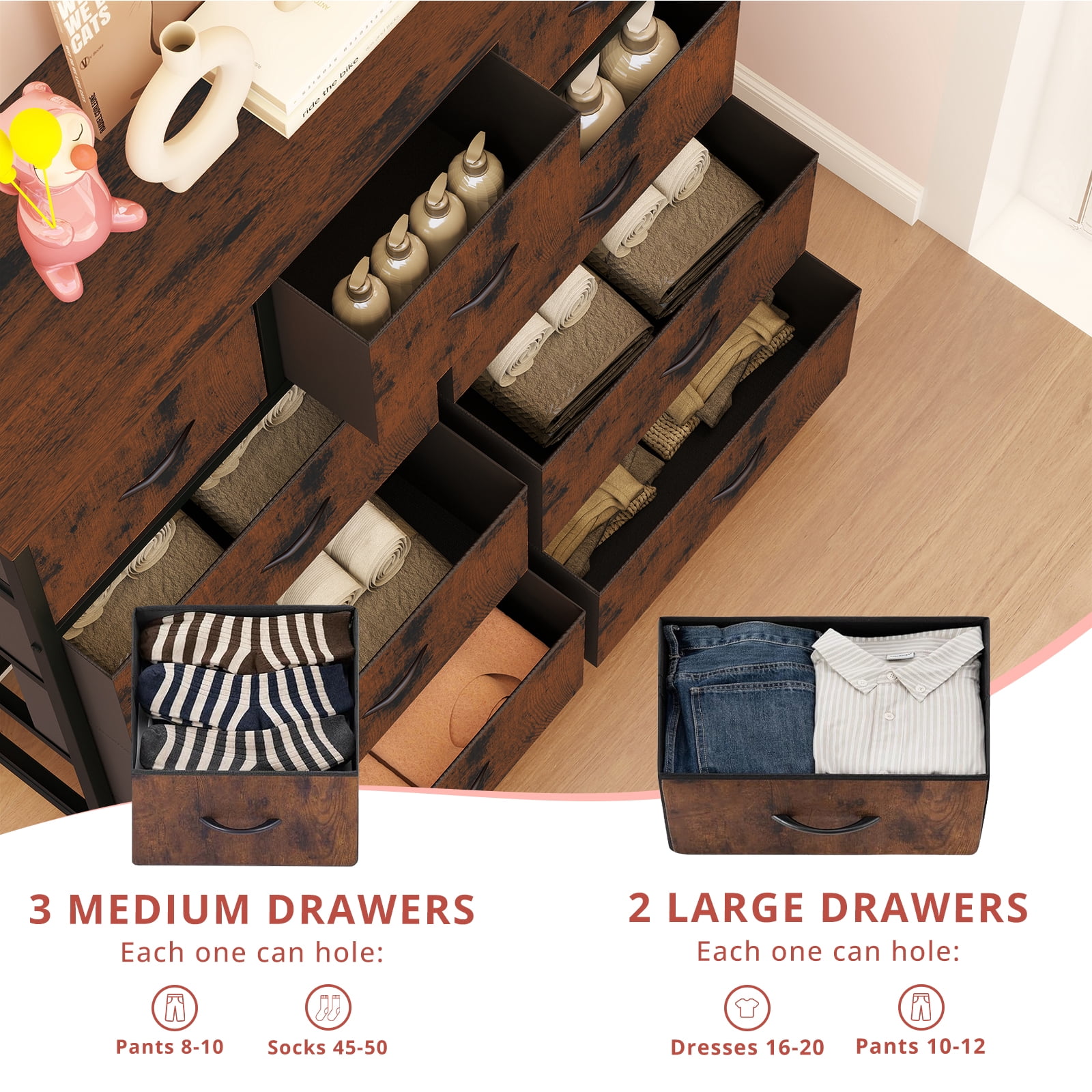 Dresser for Bedroom, Chests of Drawers, Storage Organizer with 9 Drawers, Sturdy Metal Frame, Wood Tabletop for Guest Room, Closet, Entryway, Nursery, Gray