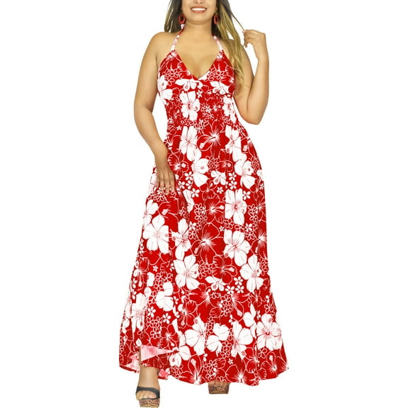 HAPPY BAY Women's Summer Boho Beach A-Line Maxi Smocked Top Dress Long Strapless Tube Dresses for Women S-M Red, All Over Floral