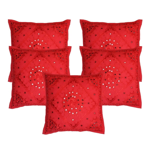 Stylo Culture Ethnic Sofa Throw Pillow Covers 16x16 Hand Embroidered Red Boho 40 x 40 cm Living Room Decor Cotton Mirrored Square Cushion Covers | Set Of 5