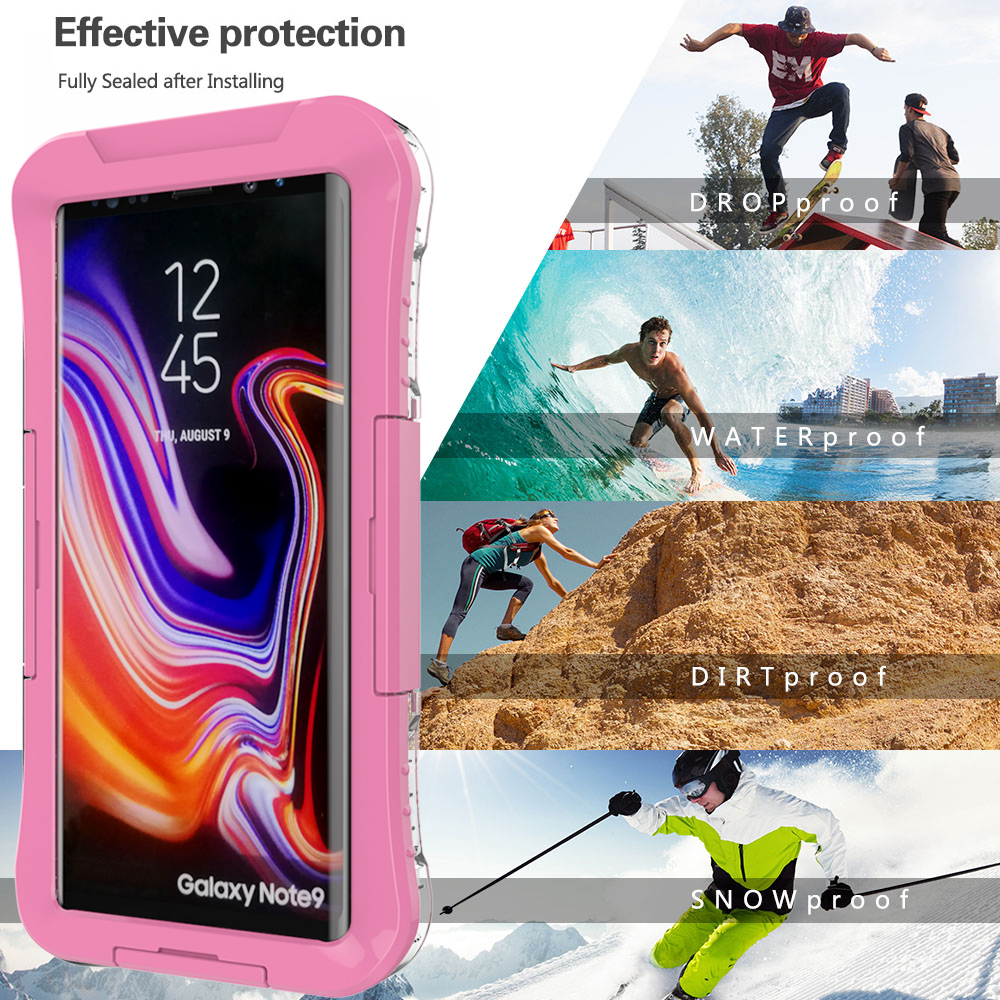 Waterproof Fully Sealed Hard Case For Samsung Galaxy Note 9 With Plastic Screen Protector Cover For Swimming, Beach, Camping, Vacation Outdoor Use (Pink)