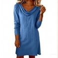 thumbnail image 3 of Babcutegg Women's Solid Color Draped Collar Long Sleeve Round Neck Swing Dress Elegant Casual Cotton Linen Midi Dress Blue Size 2XL, 3 of 9