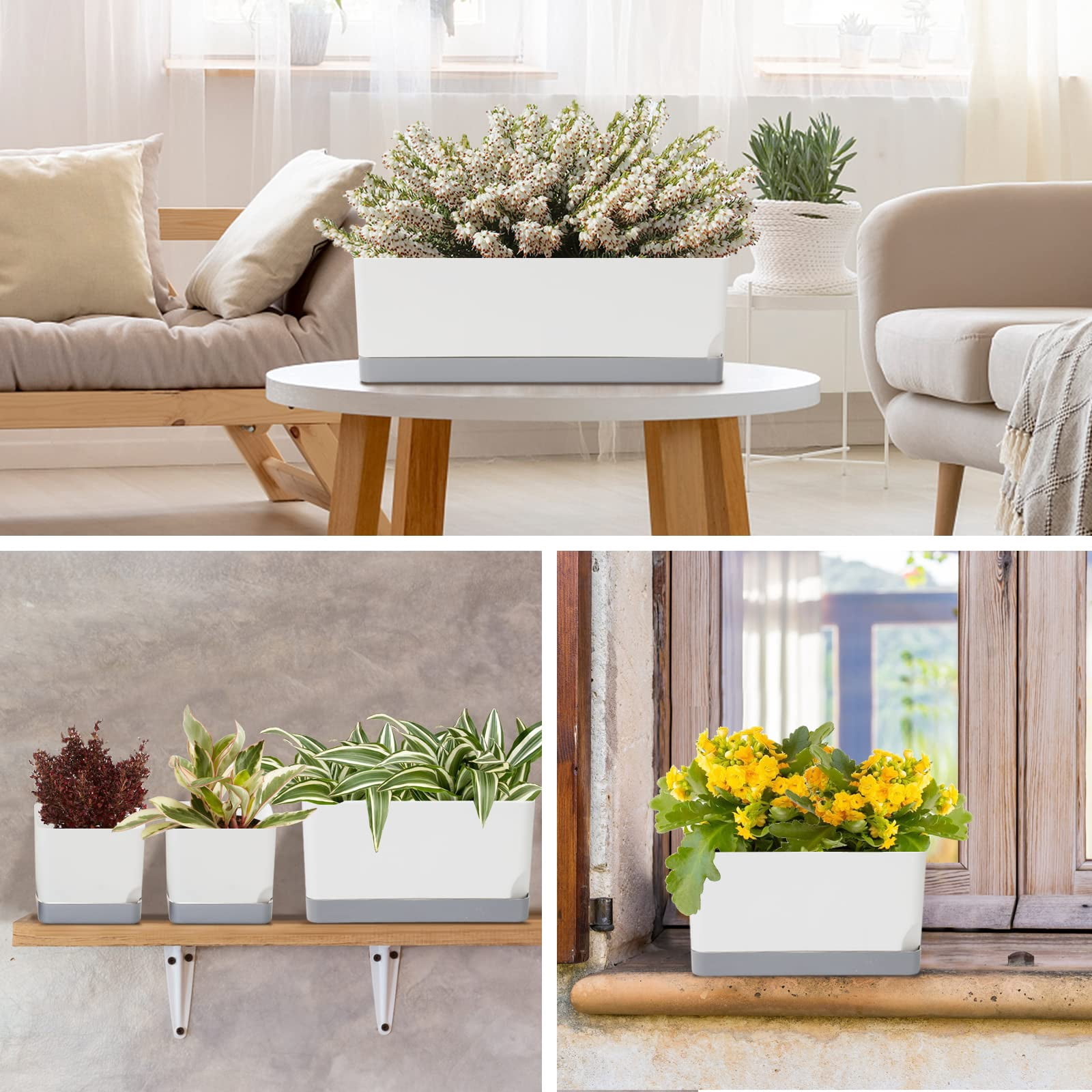 Self Watering Indoor Planter Set 7 Pack Plastic Herb Pots with Drainage Saucer Window Boxes Rectangle Planters for Plants