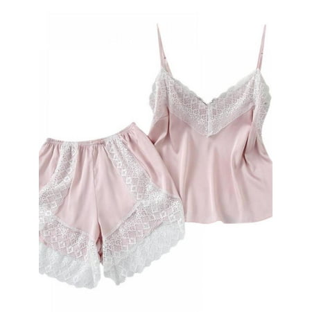 

Women s Lace Satin Trim Sleepwear Cami Top and Shorts Pajama Set