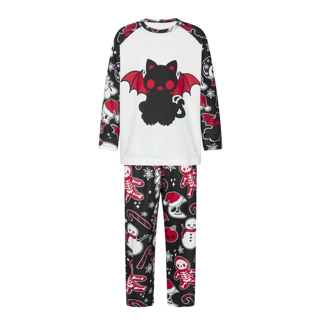 Argulvti Halloween Pajamas for Family Cute Black Cat Print Long Sleeve Raglan Tops + Pants Set Fall Sleepwear
