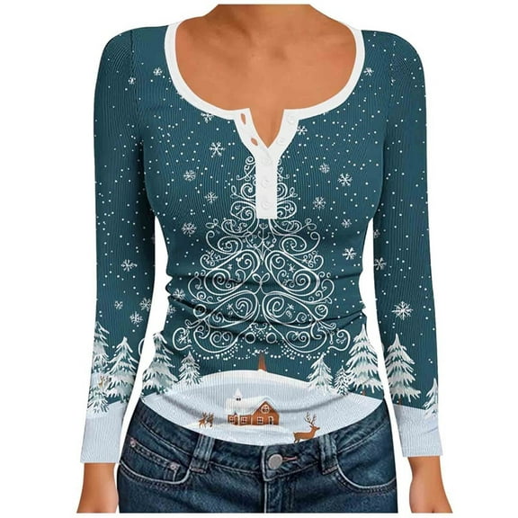 Fall Fashion Must Haves Christmas Shirts for Women Christmas Classic Long Sleeve T-Shirt Print Top V Neck Buttons Tops Fall Clothes My Items