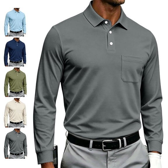 LWavelet Mens Polo Shirts Long Sleeve Button Collared Golf Shirts Casual Classic Business Dress Shirts for Office Work